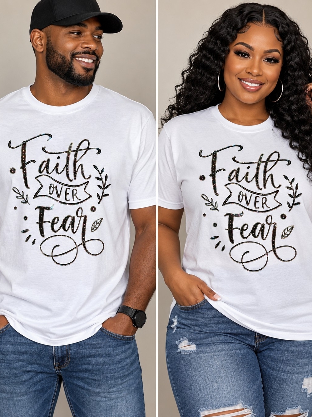 Handcrafted Unisex Faith Over Fear Rhinestone Graphic Tee - White - NWT